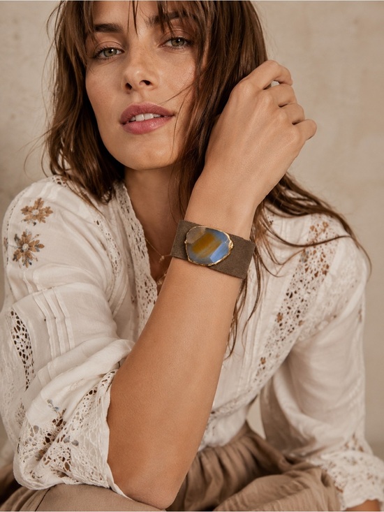 Jewelry - Agate Stone and Raw Suede with Gold Hardware Statement Cuff Bracelet